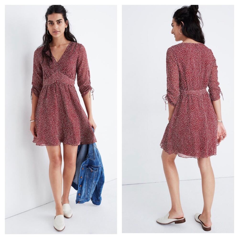Madewell Starviolet Red Ruched Sleeves Mini Dress Ditsy Flowers Size 2